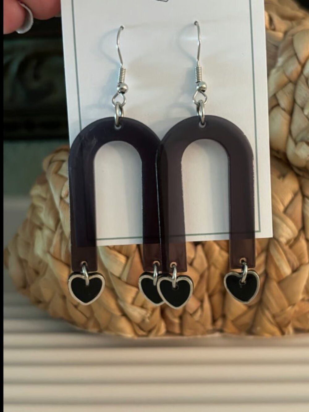 Black Acrylic Arch Earrings with Hearts
